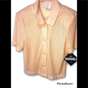 Miss Dorby Button Up Sheer Blouse Top Short Sleeve Light Beige Women's Size 14.